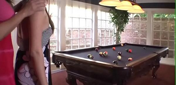  Redhead whore Raquel DeVine and young Missy Stone are toying in the billiard room